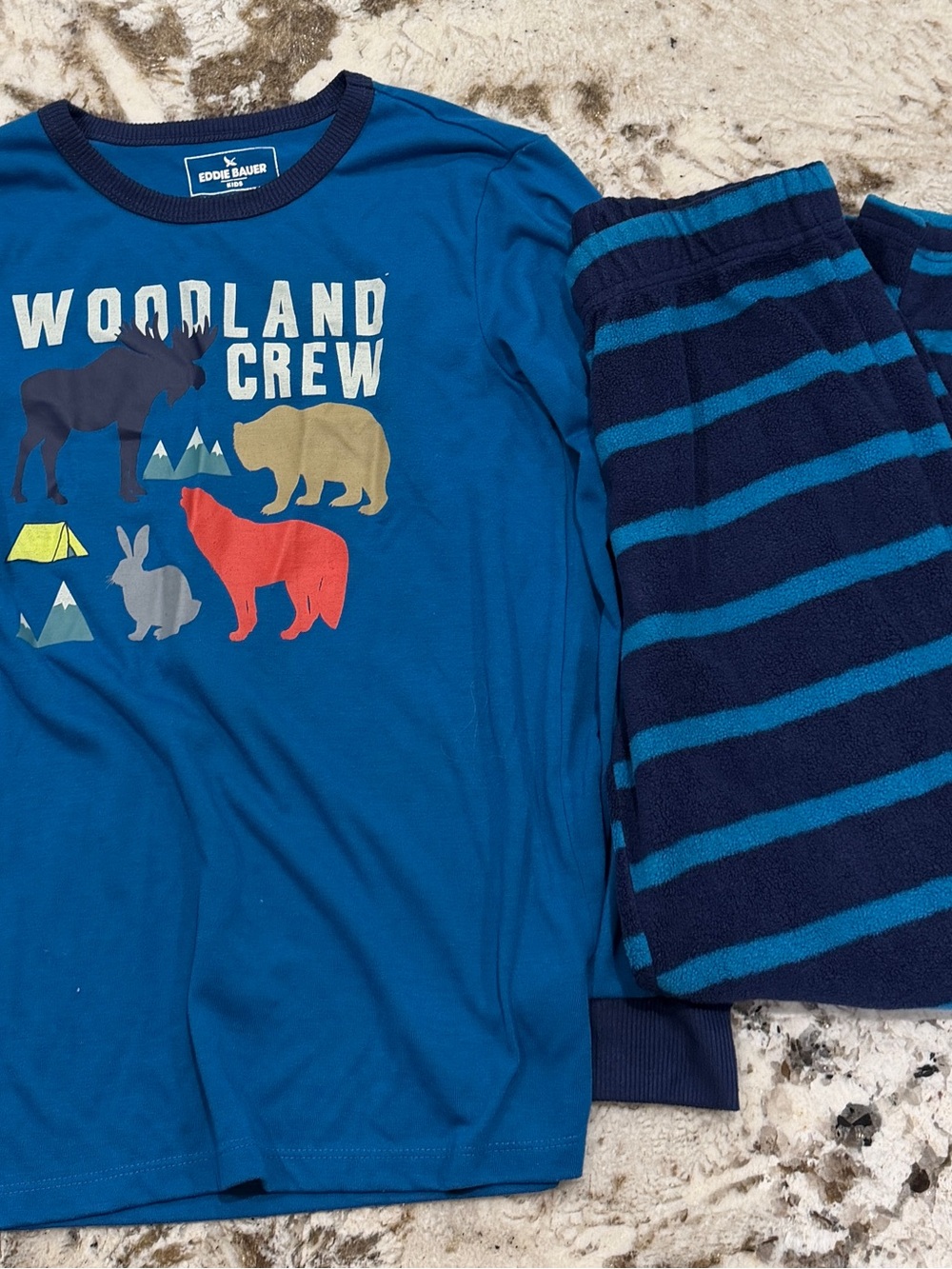 Eddie Bauer Blue Woodland Crew Pajama Set with Navy Striped Pants